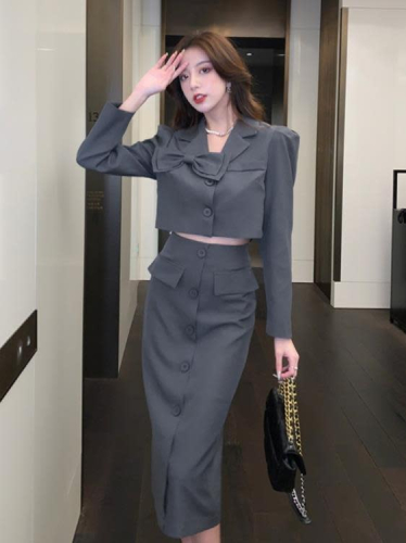 DearGod正韓女裝2022秋冬新款氣質名媛設計感蝴蝶結西裝外套中長款半身裙套裝女裝