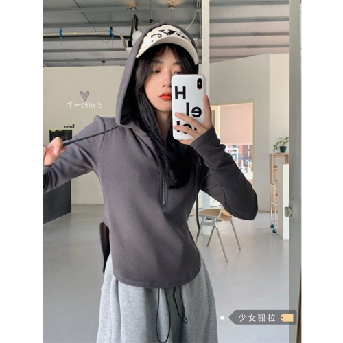 不規則黑色抽繩連帽T恤女秋冬設計感修身短款內搭打底衫長袖上衣