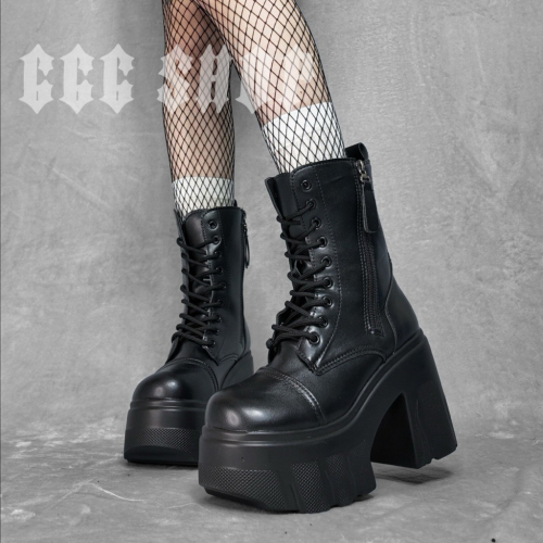 666 SHOP「台灣現貨」35-42碼11cm暗黑機能風街頭厚底短靴女靴增高跳舞cos繫帶綁繩側拉鍊雙拉鍊