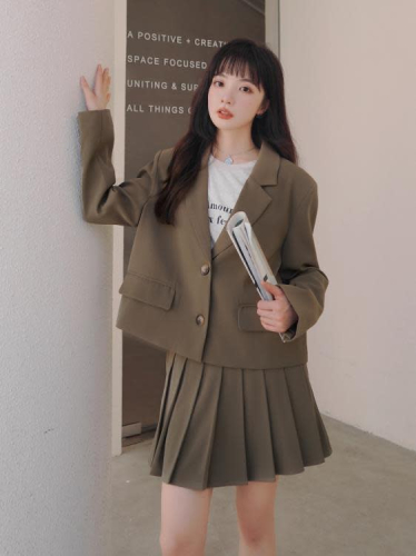 DearGod正韓女裝chic香港正韓寬松小西裝外套女百褶裙兩件套春秋新款減齡西服套裝