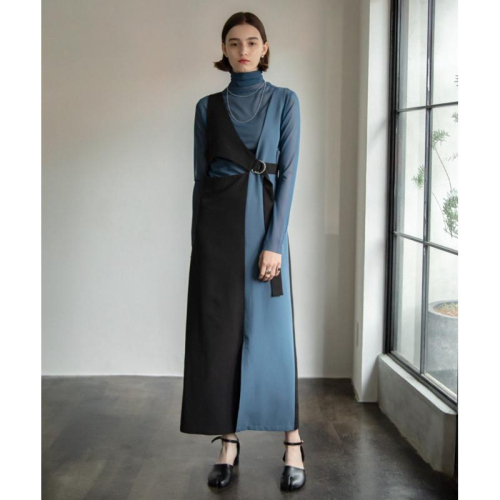 Vacancy 日本小眾設計品牌外搭配色斜裁背心洋裝 藍F