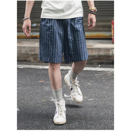 NON STOCK 色織西瓜條紋 高腰雙折 青年布短褲 夏季輕薄 寬鬆直筒褲 普洗定型