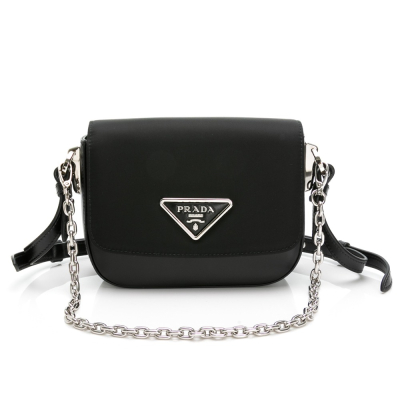 【PRADA 普拉達】 PRADA尼龍+皮革鍊帶 吸釦翻蓋斜背包 (黑) __DVSHOP 保證正貨 台灣現貨不用等