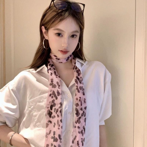 ??????｜粉色豹紋絲巾長條系脖發帶長款純欲領巾圍脖