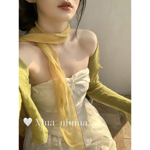 ??????｜甜美暖黃色~氛圍感韓系脖絲巾女2025新款高級感亞麻長條圍巾配飾