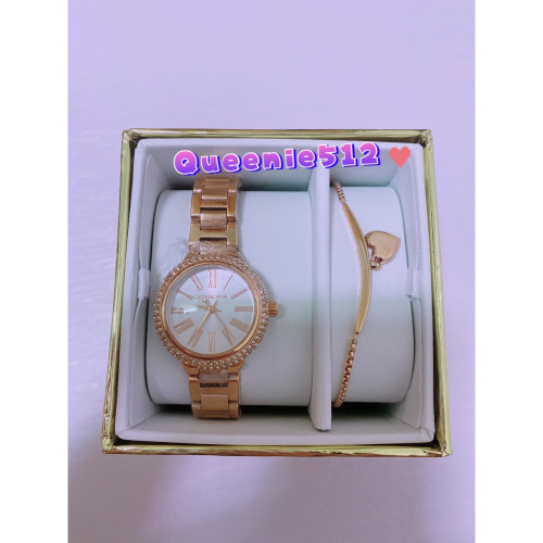 Michael Kors 都會知性滿鑽x金色不鏽鋼鍊帶手錶x微笑愛心手鍊（MK3858)