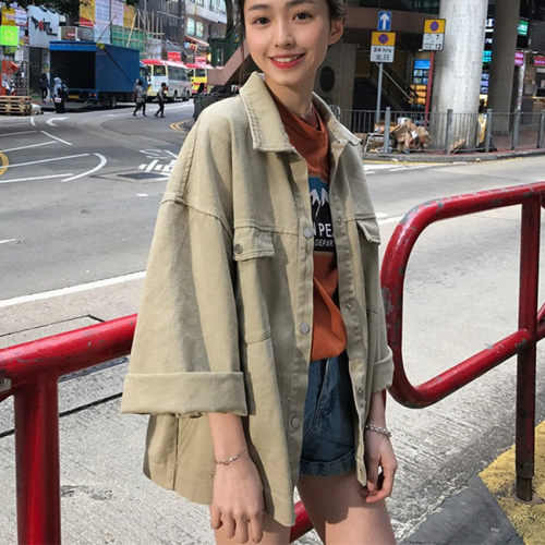 BF風春季寬松休閑大口袋牛仔外套女長袖百搭純色復古學生工裝上衣