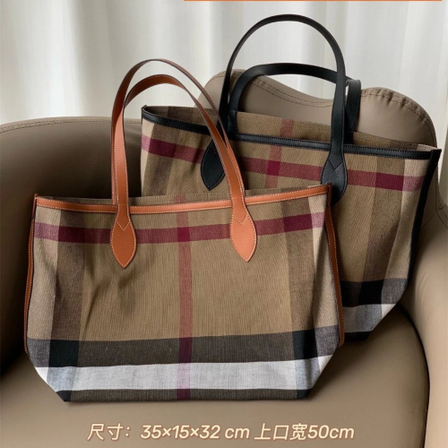 BURBERRY戰馬包包 經典格紋托特包 棉麻混紡拼牛皮托特包 大容量托特包 女生包包 購物袋 手提袋 單肩包 側背包