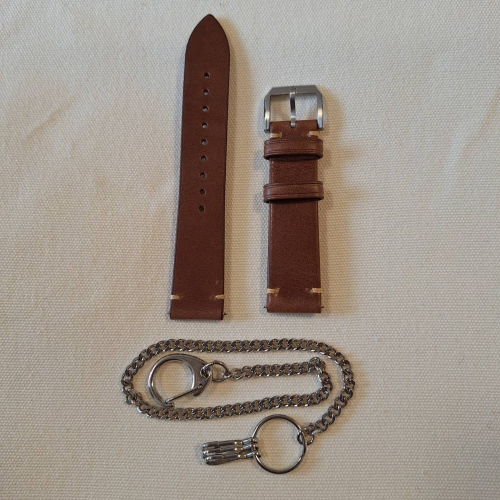 全新商品, 棕色真皮銀色扣錶帶一組+鑰匙鏈條一條, 兩樣商品打包一起賣