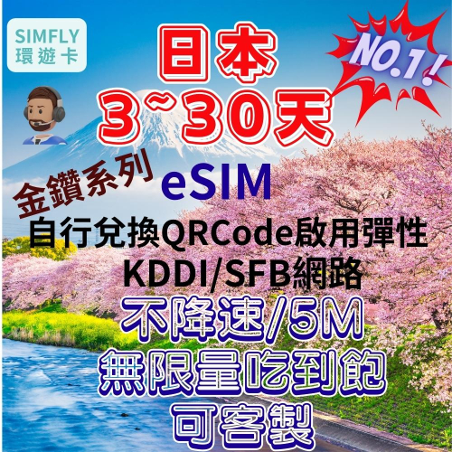 ?【eSIM】日本金鑽系列3~30天 不降速 / 5M網速 無限量吃到飽 可客製 東京 大阪 北海道 琉球 石垣島