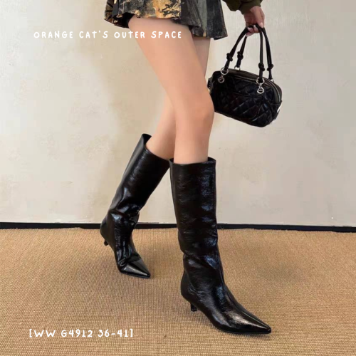 尖頭靴 長靴 小貓跟靴 漆皮靴 時尚靴 顯瘦靴 秋冬靴 女生靴 百搭靴 韓系靴 氣場靴
