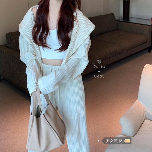 休閑運動套裝女連帽開衫外套上衣秋冬季直筒闊腿褲時尚氣質兩件套