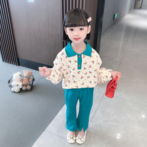 寶貝童裝女童秋裝套裝正韓洋氣時髦女寶寶長袖碎花Polo襯衫兒童喇叭褲秋款