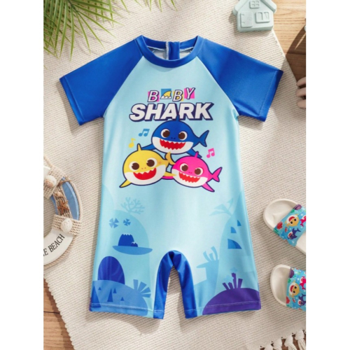 正版聯名 鯊魚寶寶 BABY SHARK 卡通鯊魚男童短袖連身泳衣 兒童泳衣