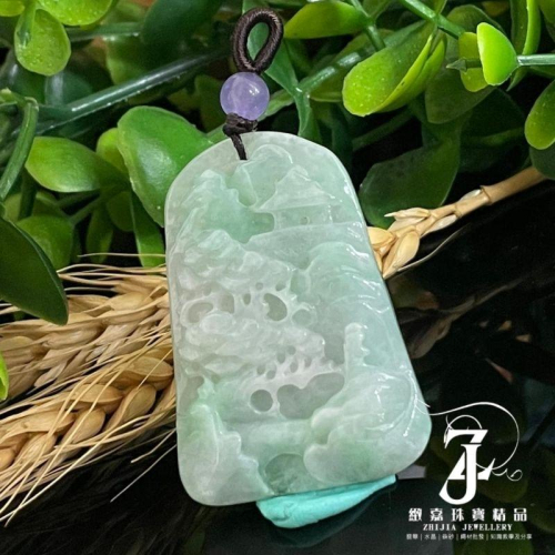 翡翠 帶證 緬甸 白底青 山水牌 吊墜 項鍊 立體 招財 糯 日光 實拍 保A 直播 現貨 山水 實品 天然
