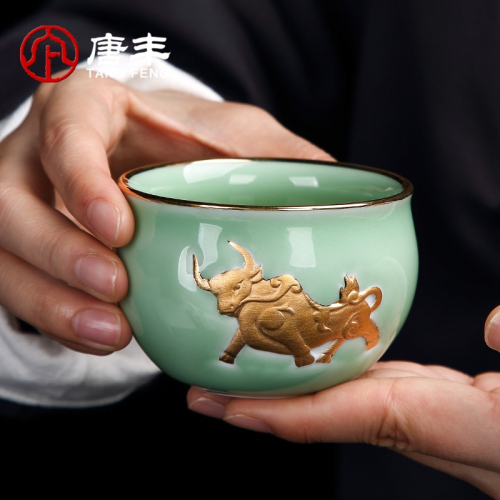 唐豐陶瓷主人杯禮盒裝家用功夫喝茶小杯創意描金個人杯浮雕小茶盞
