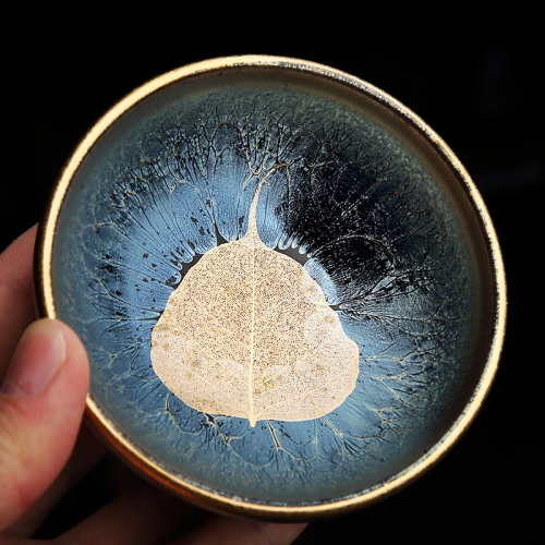 唐豐窯變建盞茶杯家用描金葉子品茗杯禮盒裝辦公個人專用喝茶杯A