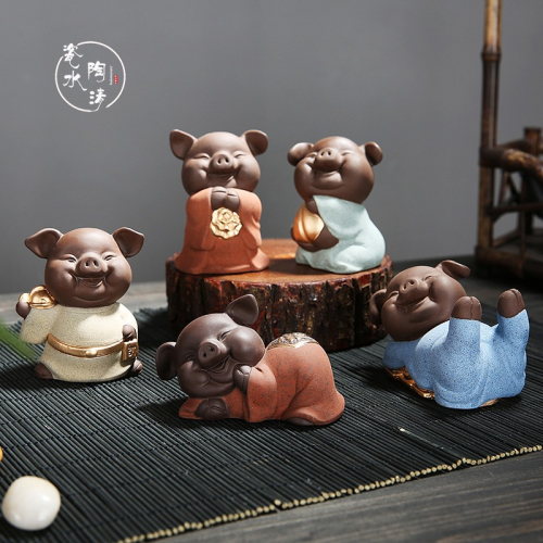創意可愛可養紫砂茶寵擺件福祿壽喜財五福小豬家居裝飾工藝品禮品