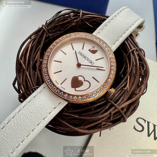 SWAROVSKI手錶,編號SW00020,34mm玫瑰金圓形精鋼錶殼,白色中三針顯示錶面,白真皮皮革錶帶款,可愛迷人