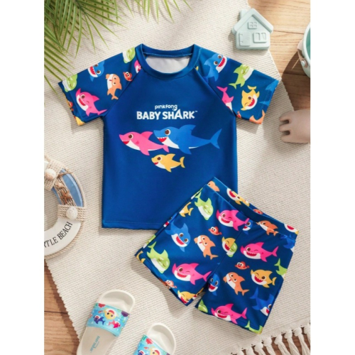 正版聯名 鯊魚寶寶 BABY SHARK 卡通鯊魚短袖連身泳衣泳褲 男童泳衣