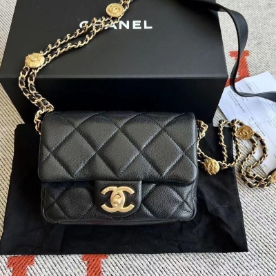 二手CHANEL 香奈兒22B新款荔枝紋金幣方胖子鏈條包