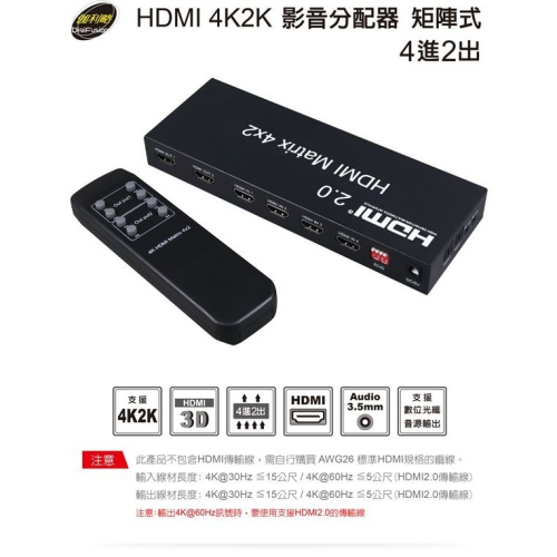 伽利略 HDMI 4K2K 影音分配器 矩陣式 4進2出 （HDS402B）