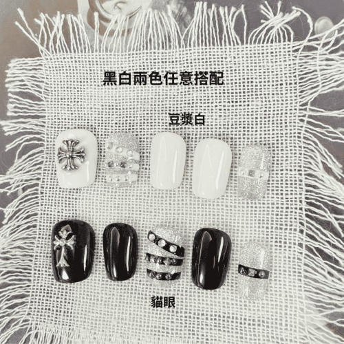 克羅心十字架美甲 穿戴甲 手工穿戴甲 美甲 附工具包 收納盒 新款設計 台灣出貨 無濾鏡拍攝 短甲 黑白 暗黑系 穿搭