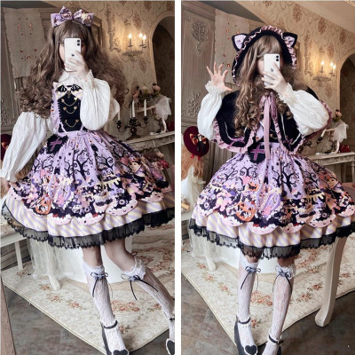 【預購訂做】lolita萬聖糖果派對 兔子貓咪南瓜蛋糕印花蝙蝠翅膀背帶蝴蝶結十字架愛心鏈條蕾絲花邊洋裝&毛絨貓耳斗篷