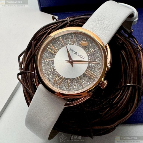 SWAROVSKI手錶,編號SW00023,35mm玫瑰金橢圓形精鋼錶殼,銀色中二針顯示, 碎鑽錶面,白真皮皮革錶帶款