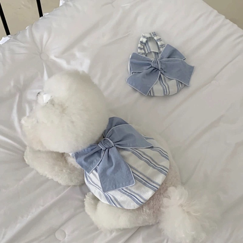 ♡【E12 預購】藍色條紋大蝴蝶結背心裙 寵物背心 貓咪防掉毛背心 貓咪背心 狗狗夏天