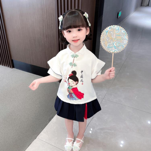 寶貝童裝女童夏裝套裝夏季唐裝復古洋氣時髦女寶寶中國風短袖兒童短裙夏款