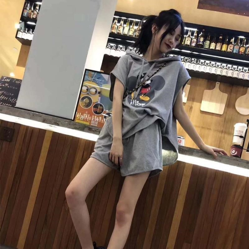 運動休閑網紅兩件套女夏季寬松短袖衛衣闊腿短褲跑步套裝