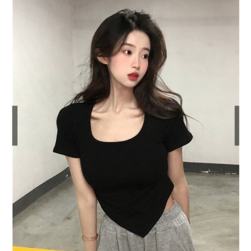 辣妹方領短袖T恤 女式夏季新款休閒上衣 不規則短款T恤 潮ins少女T恤 短版T恤 素色上衣