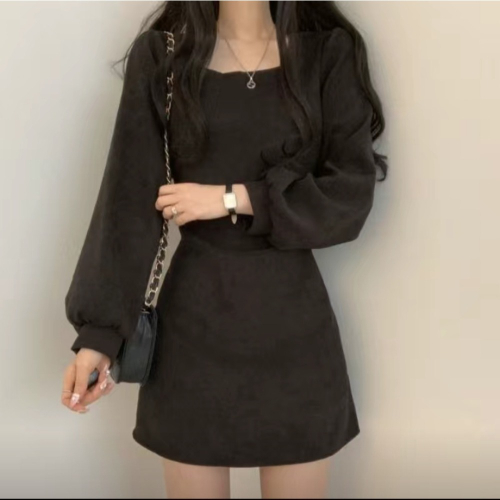 ＃韓國chic法式小眾春秋裝覆古方領收腰顯瘦短款小個子高腰連衣裙女