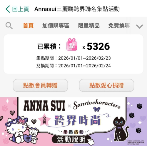小7集點卡02/24☆Annasui三麗鷗聯名集點☆電子點數【1點=1元】7-11/線上轉點/SEVEN ELEVEN