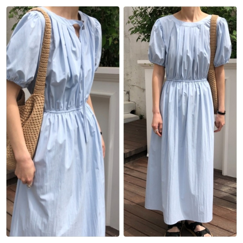 預購/HEDY赫蒂 正韓 前後二穿 優雅仙女皺褶連身長裙 細緻面料/腰鬆緊帶(FREE S-小L可穿)(藍/黑/墨色)