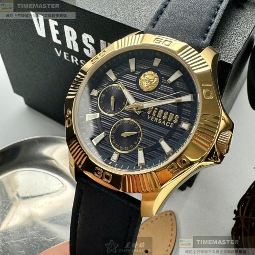 VERSUS VERSACE:手錶,型號:VV00368,男錶48mm金色錶殼寶藍色錶面真皮皮革錶帶款