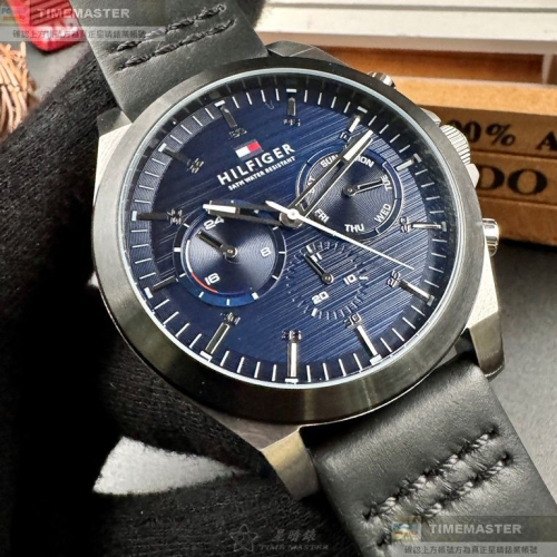 TommyHilfiger:手錶,型號:TH00047,男錶46mm黑銀錶殼寶藍色錶面真皮皮革錶帶款