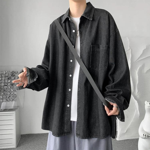 春季新品牛仔襯衫男長袖潮流高級感秋裝男裝工裝襯衣寬松休閒外套