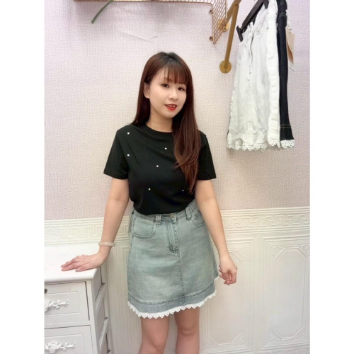 MIMA女王 ❤Q08?拼接蕾絲牛仔短裙