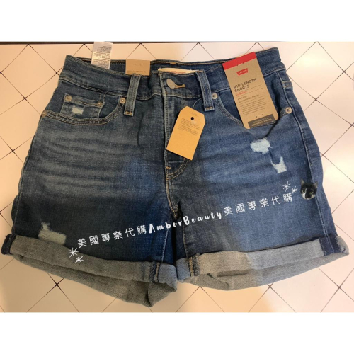 【美國直購 正品現貨】LEVI＇S Mid Length Shorts 深藍 彈性 牛仔短褲 熱褲 刷色 破褲 反摺