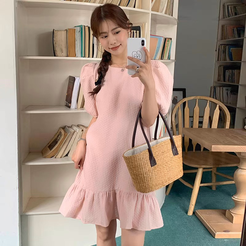 ❤️現貨在台，粉.白 法式 高質感 氣質 華夫格 公主袖 寬鬆 小個子 泡泡袖 魚尾 連衣裙 洋裝 可愛 休閒 野餐