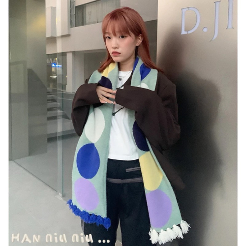 ʜᴀɴɴɪᴜ☺︎︎聖誕交換禮物?日系風?波點拼色圖騰 保暖針織圍巾/保暖圍脖/造型圍巾 19015