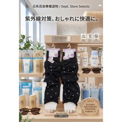 日本 Stream 輕盈、透氣 吸水速乾與抗菌 水玉涼感袖套(黑.灰)兩雙一組