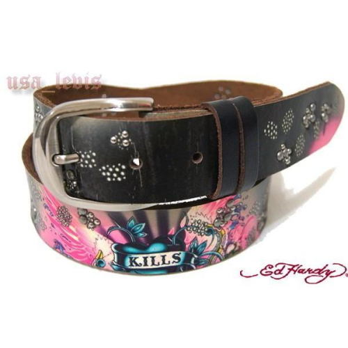 【美國Levis專賣】優惠ED HARDY 愛紗骷髏頭 立體金屬鉚釘 頭層牛皮 黑 寬版皮帶25-29腰S號
