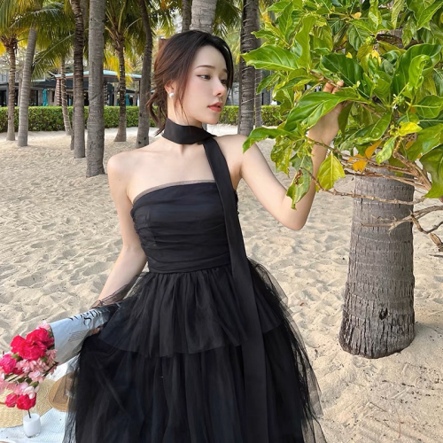 ❤️現貨在台，S.L 法式 蛋糕裙 設計感 網紗 抹胸 連衣裙 赫本 氣質 高質感 海邊 沙灘 長裙 洋裝 禮服