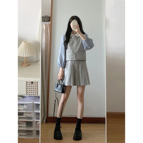 ????｜現貨+預購♡韓劇女主穿搭套裝學院風春季背心法式襯衫短裙三件套