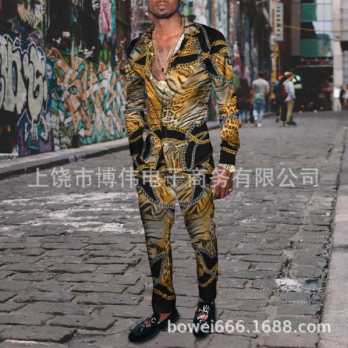 春秋新款歐美時尚潮流男長袖襯衫豹紋印花休閒潮流二件套
