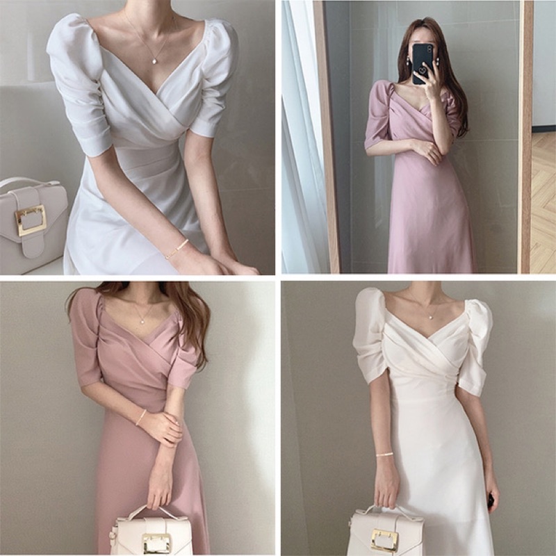 ❤️白L藕粉S-L 法式 洋裝 泡泡袖 禮服 仙女 森林系 氣質 女神 設計感 輕熟風 連衣裙 長裙