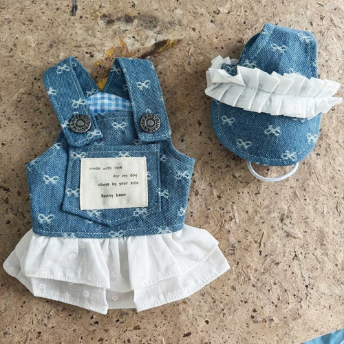 ♡【 L40 預購 】 牛仔蕾絲拼接蝴蝶結裙裝帽子套組